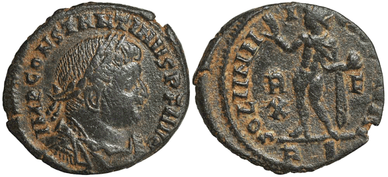 Coin: Constantine and Sol Invictus Holding a Globe