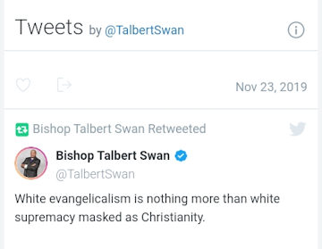 Tweet screen-shot from 'Bishop' Swan's web-site
